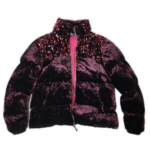 Anthropologie Maeve Burgundy Velvet Sequin Puffer Jacket Extra Small Vera XS